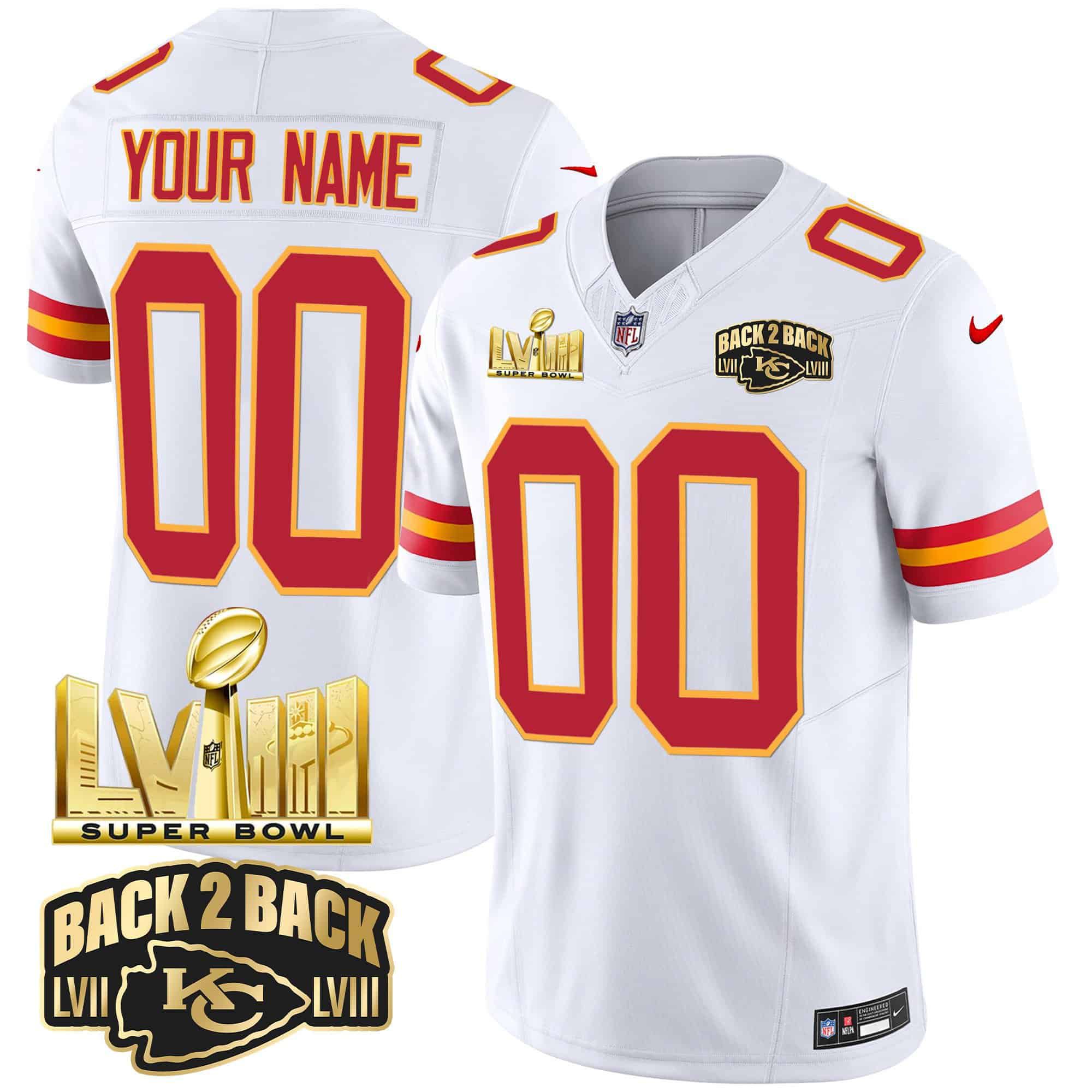 Men Kansas City Chiefs White 2024 Nike Super Bowl LVIII & Back-2-Back Gold Patch Vapor Custom NFL Jersey->women nfl jersey->Women Jersey